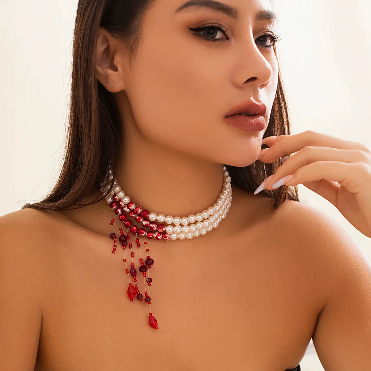 Crimson Cascade Pearl Choker